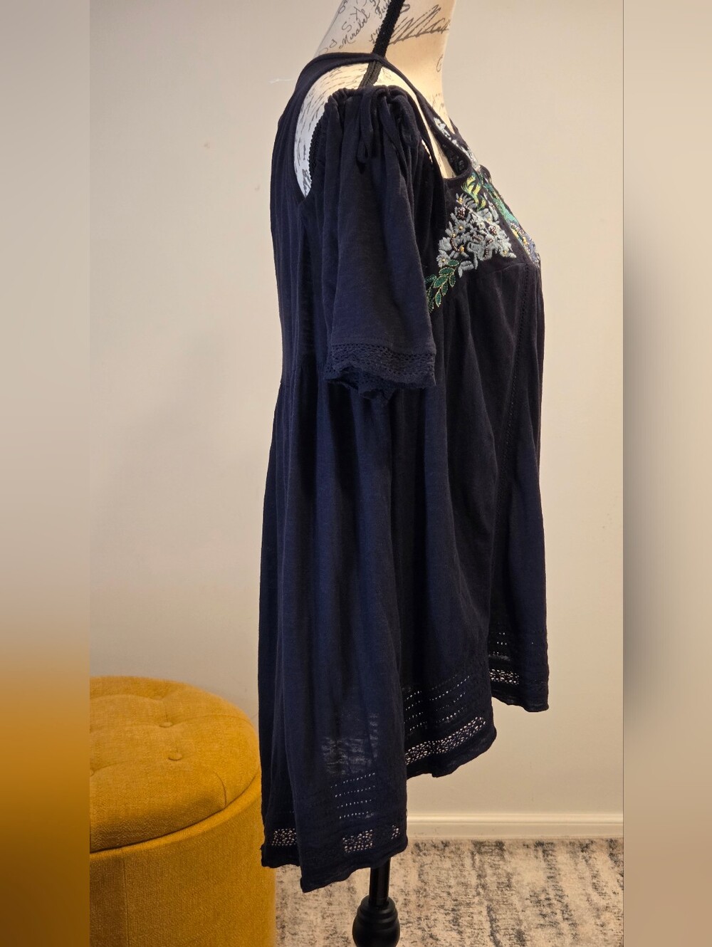 Free People Navy Blue  Cold-Shoulder Embroidered Top, Size S. - Picture 8 of 16
